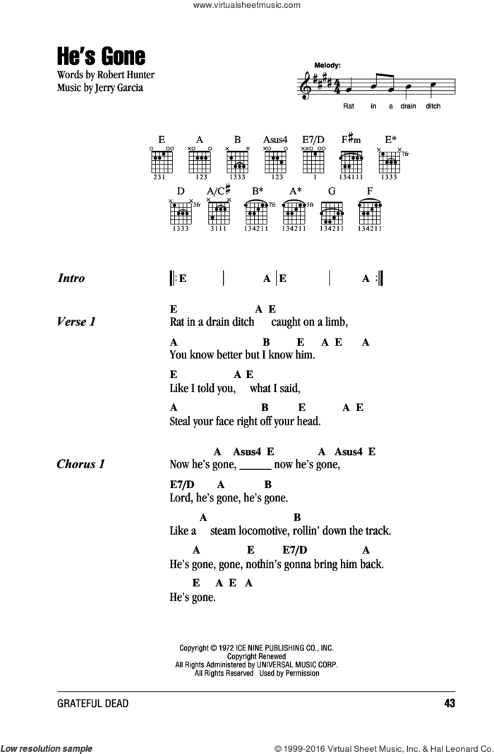 He's Gone sheet music for guitar (chords) by Grateful Dead, Jerry Garcia and Robert Hunter, intermediate skill level