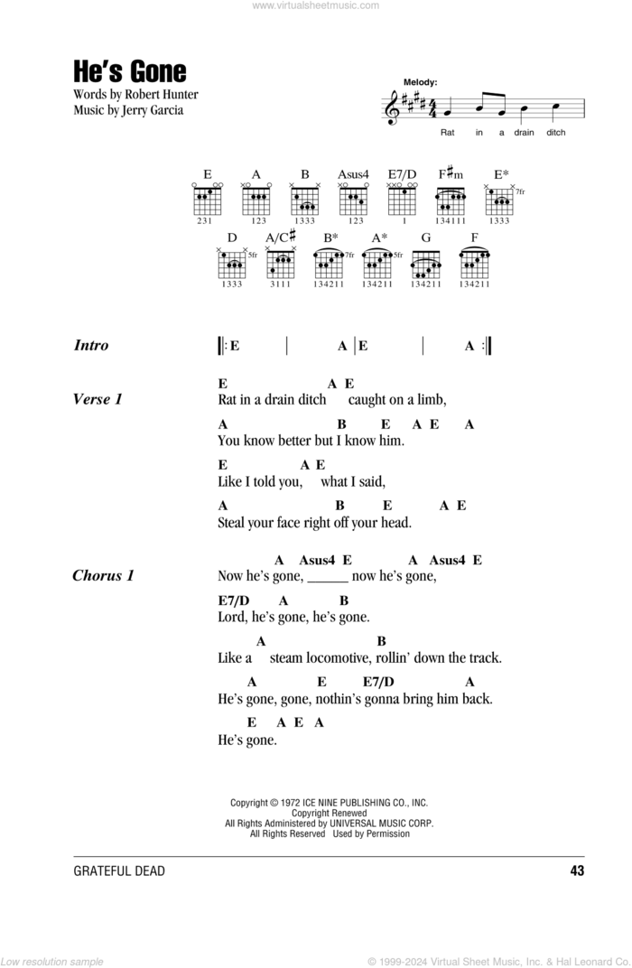 He's Gone sheet music for guitar (chords) by Grateful Dead, Jerry Garcia and Robert Hunter, intermediate skill level