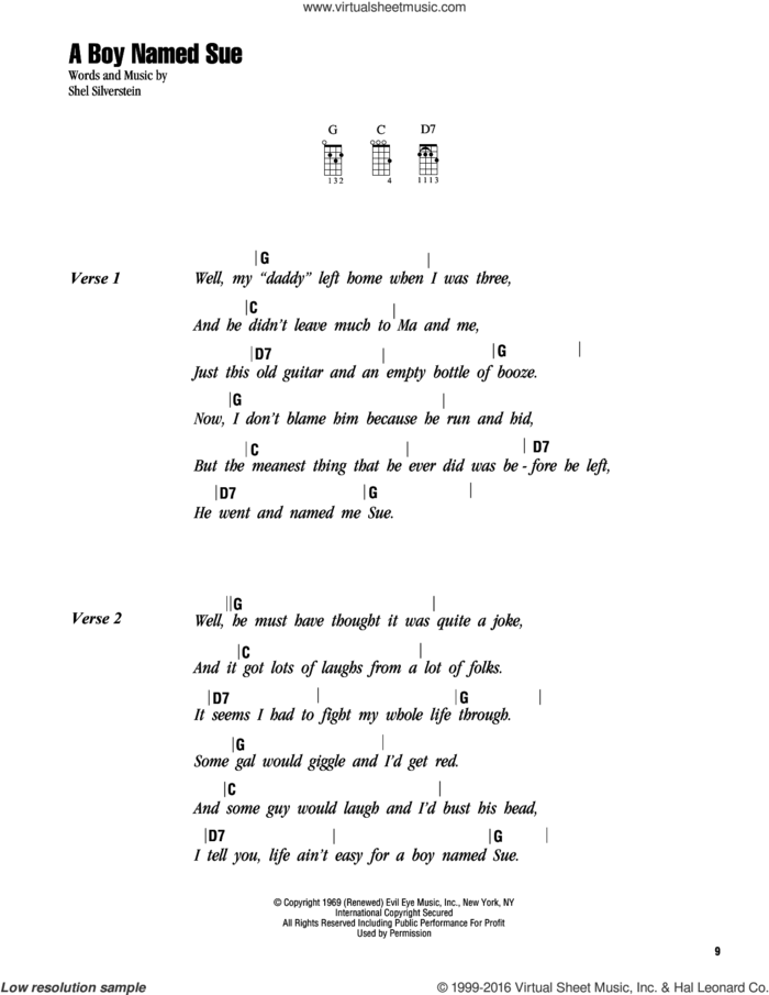 A Boy Named Sue sheet music for ukulele (chords) by Johnny Cash and Shel Silverstein, intermediate skill level