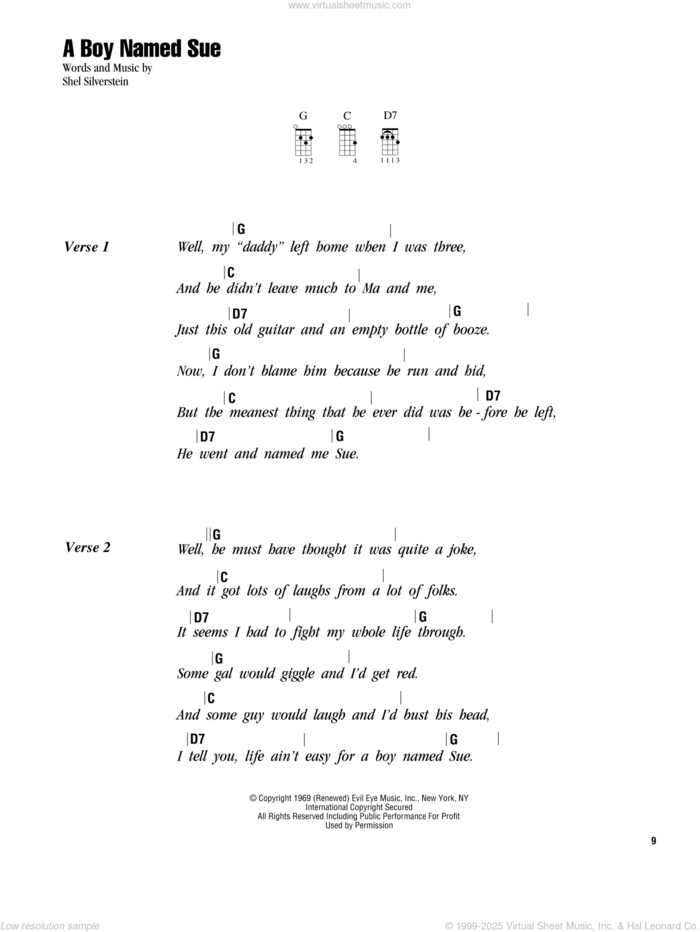 A Boy Named Sue sheet music for ukulele (chords) by Johnny Cash and Shel Silverstein, intermediate skill level