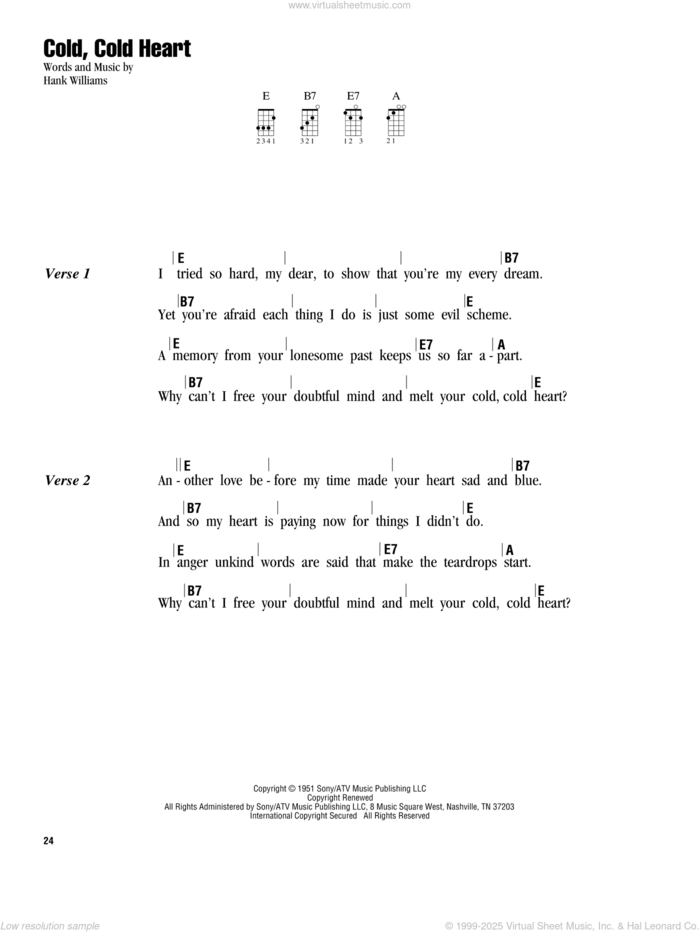 Cold, Cold Heart sheet music for ukulele (chords) by Hank Williams and Tony Bennett, intermediate skill level