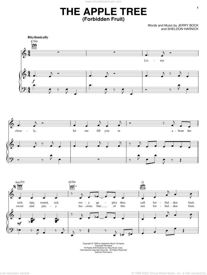 The Apple Tree (Forbidden Fruit) (from The Apple Tree) sheet music for voice, piano or guitar by Bock & Harnick, The Apple Tree (Musical), Jerry Bock and Sheldon Harnick, intermediate skill level