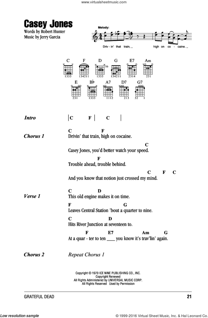 Casey Jones sheet music for guitar (chords) by Grateful Dead, Jerry Garcia and Robert Hunter, intermediate skill level