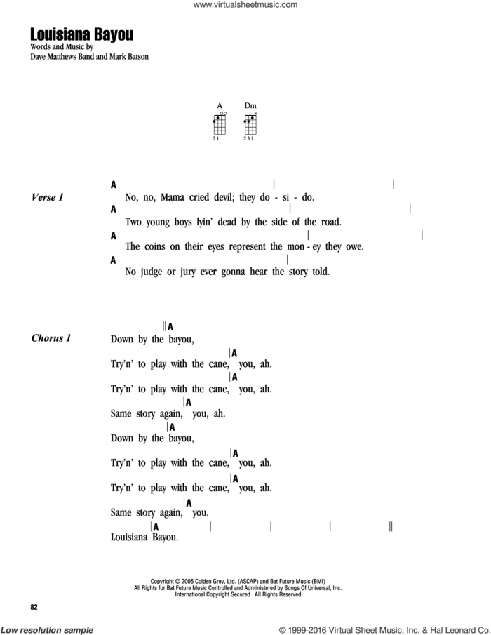 Louisiana Bayou sheet music for ukulele (chords) by Dave Matthews Band and Mark Batson, intermediate skill level