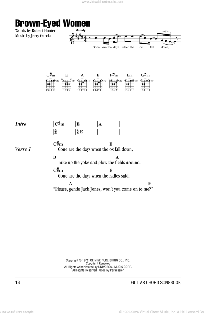 Brown-Eyed Women sheet music for guitar (chords) by Grateful Dead, Jerry Garcia and Robert Hunter, intermediate skill level