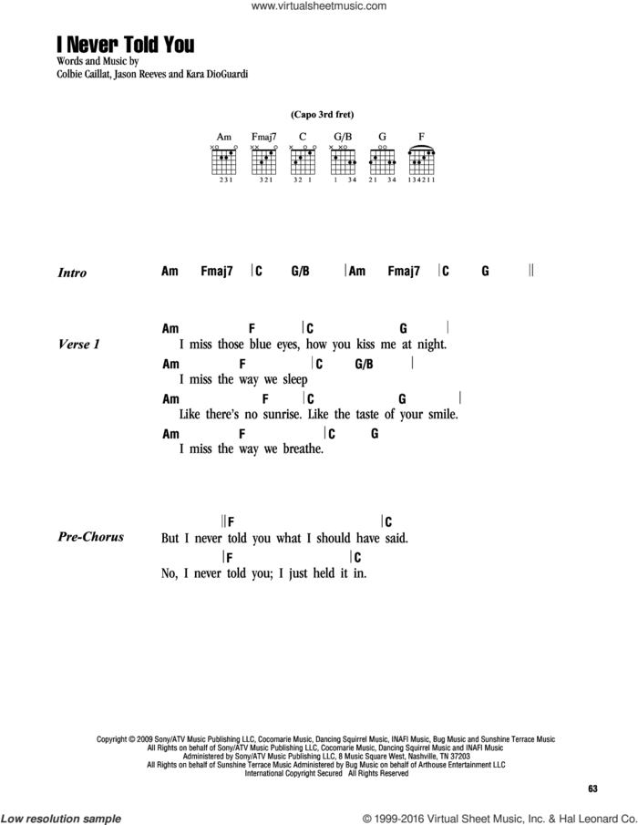 I Never Told You sheet music for guitar (chords) by Colbie Caillat, Jason Reeves and Kara DioGuardi, intermediate skill level