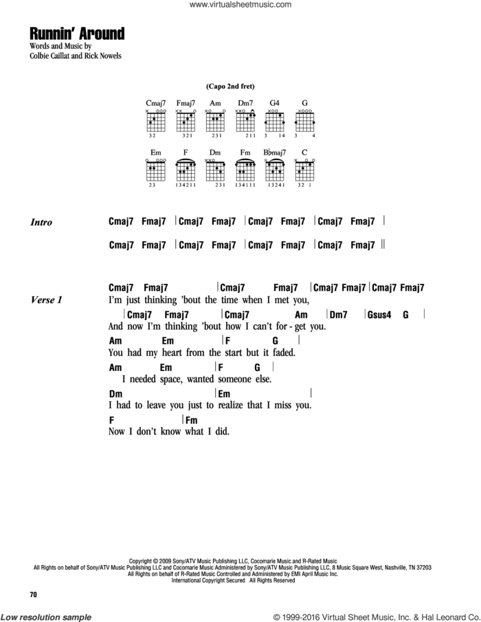 Runnin' Around sheet music for guitar (chords) by Colbie Caillat and Rick Nowels, intermediate skill level