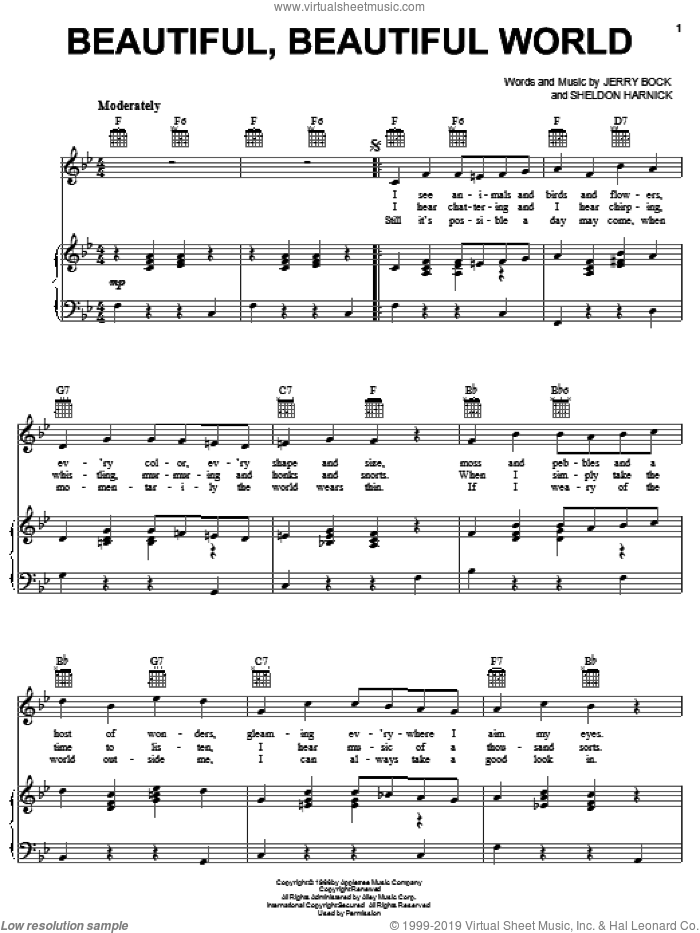 Beautiful, Beautiful World (from The Apple Tree) sheet music for voice, piano or guitar by Bock & Harnick, The Apple Tree (Musical), Jerry Bock and Sheldon Harnick, intermediate skill level