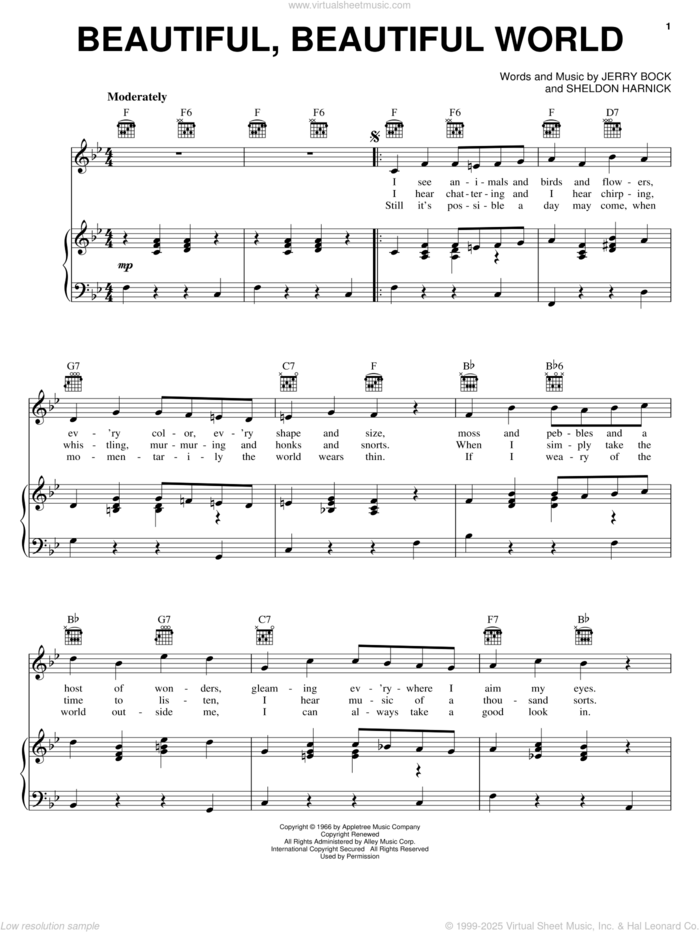 Beautiful, Beautiful World (from The Apple Tree) sheet music for voice, piano or guitar by Bock & Harnick, The Apple Tree (Musical), Jerry Bock and Sheldon Harnick, intermediate skill level