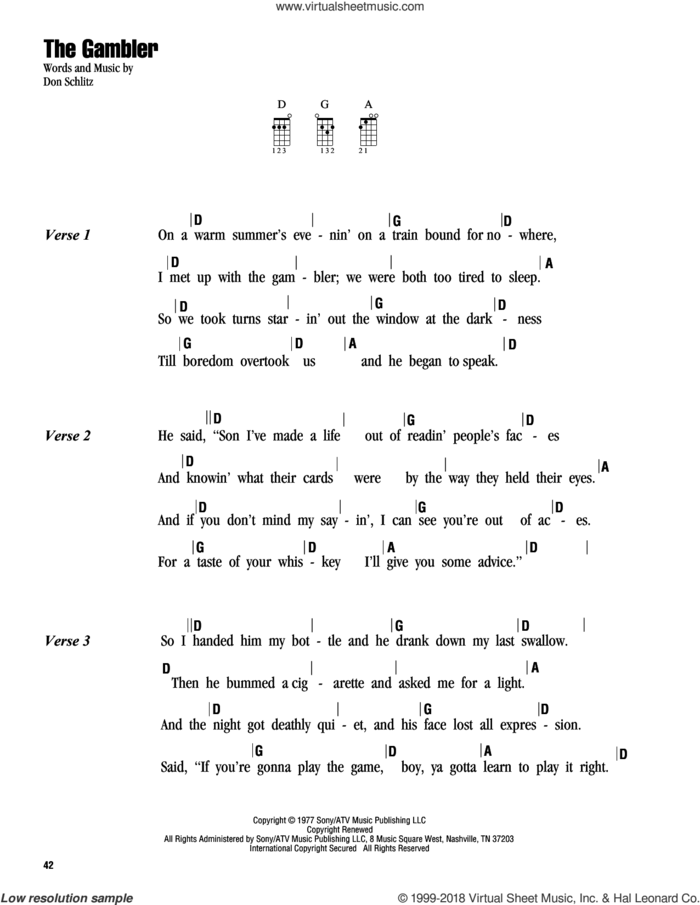 The Gambler sheet music for ukulele (chords) by Kenny Rogers and Don Schlitz, intermediate skill level