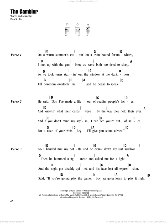 The Gambler sheet music for ukulele (chords) by Kenny Rogers and Don Schlitz, intermediate skill level