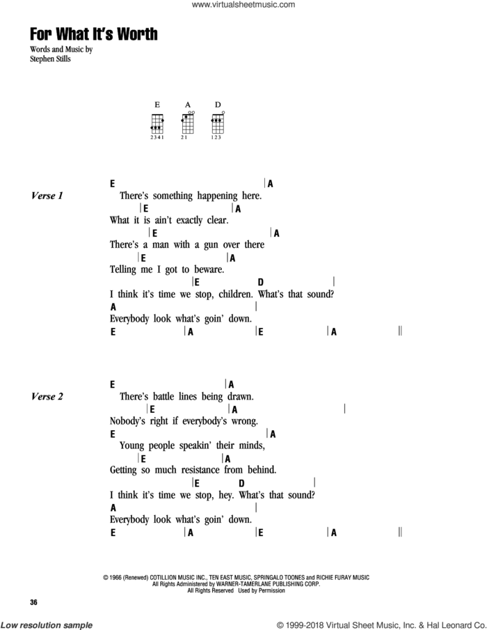 For What It's Worth sheet music for ukulele (chords) by Buffalo Springfield and Stephen Stills, intermediate skill level