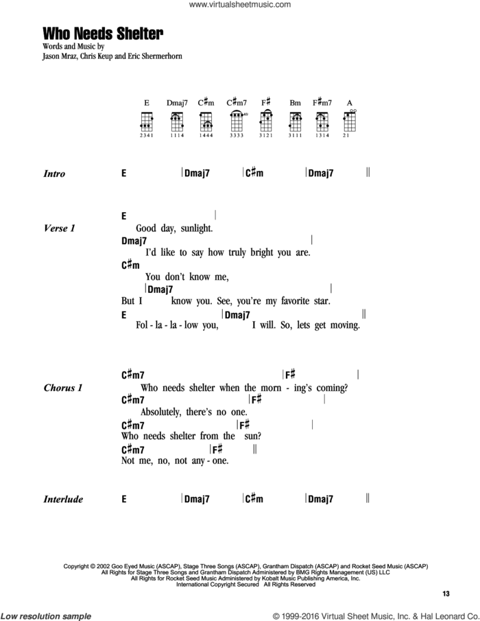 Who Needs Shelter sheet music for ukulele (chords) by Jason Mraz, Chris Keup and Eric Shermerhorn, intermediate skill level