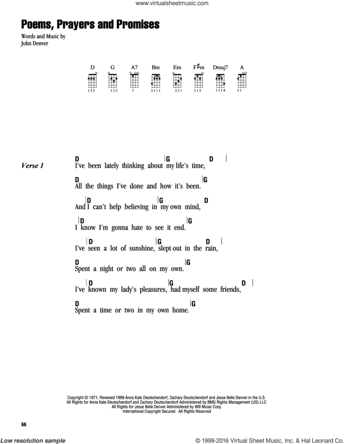Poems, Prayers And Promises sheet music for ukulele (chords) by John Denver, intermediate skill level