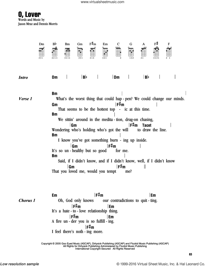 O, Lover sheet music for ukulele (chords) by Jason Mraz and Dennis Morris, intermediate skill level