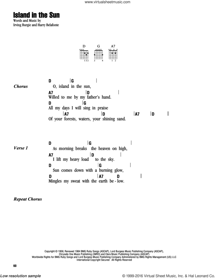 Island In The Sun sheet music for guitar (chords) by Harry Belafonte and Irving Burgie, intermediate skill level