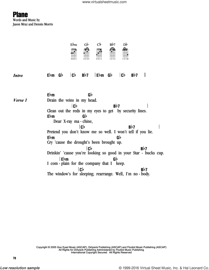 Plane sheet music for ukulele (chords) by Jason Mraz and Dennis Morris, intermediate skill level