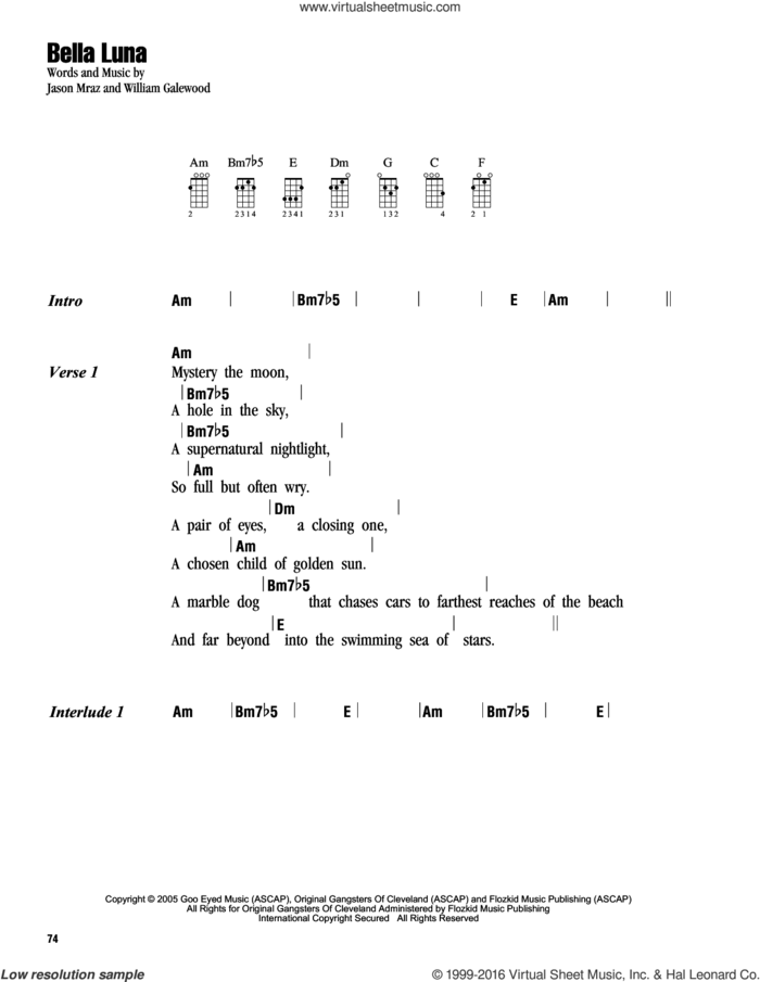Bella Luna sheet music for ukulele (chords) by Jason Mraz and William Galewood, intermediate skill level
