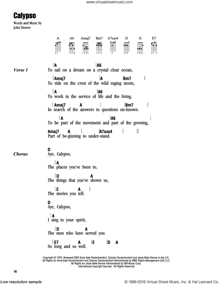 Calypso sheet music for ukulele (chords) by John Denver, intermediate skill level