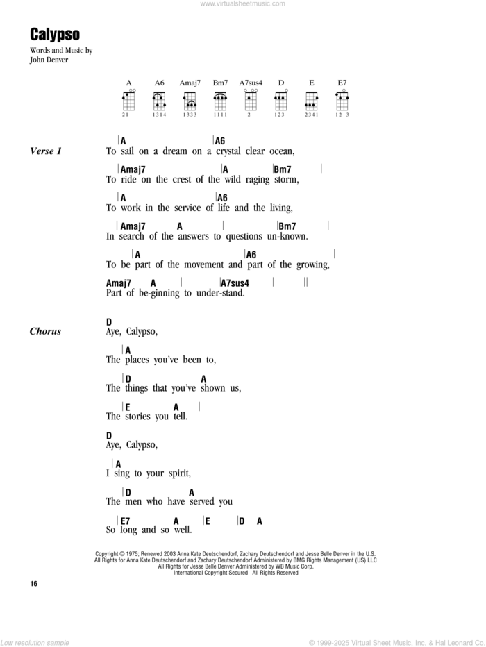 Calypso sheet music for ukulele (chords) by John Denver, intermediate skill level