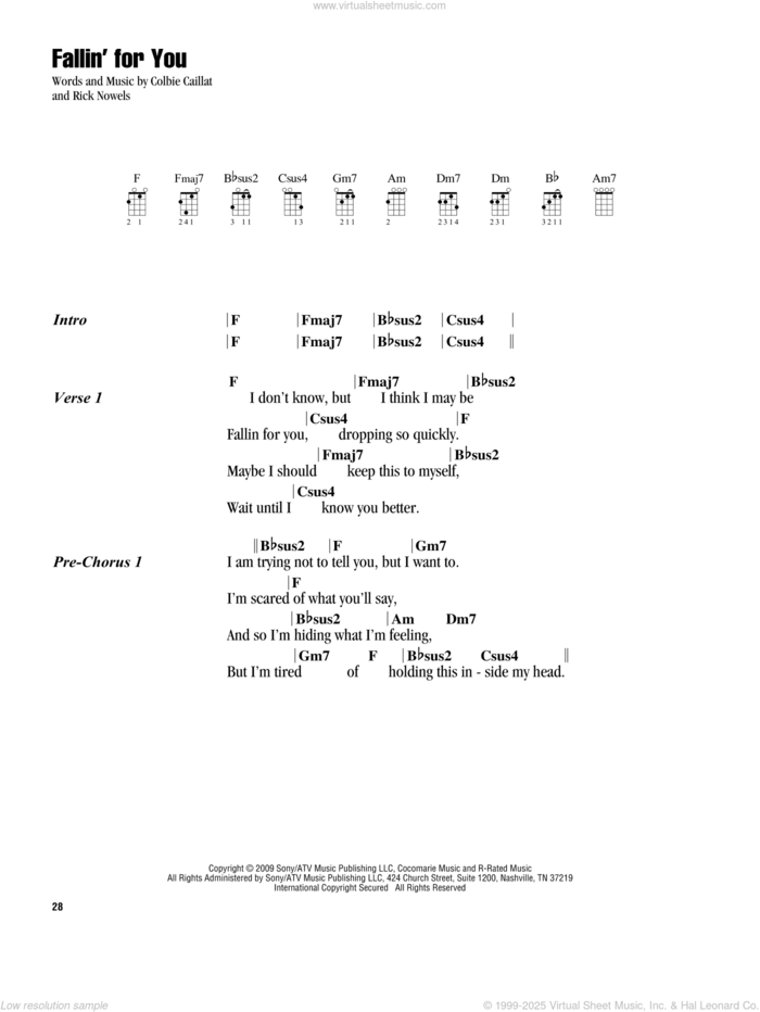 Fallin' For You sheet music for ukulele (chords) by Colbie Caillat and Rick Nowels, intermediate skill level