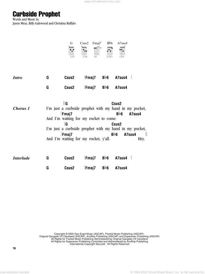 Curbside Prophet sheet music for ukulele (chords) by Jason Mraz, Bill Galewood and Christina Ruffalo, intermediate skill level