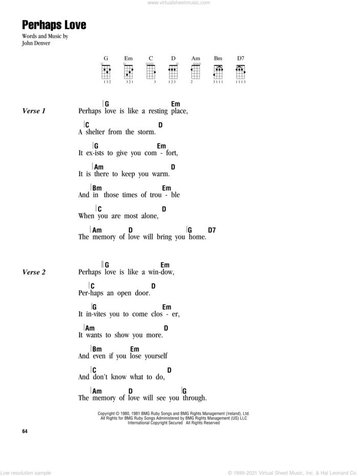 Perhaps Love sheet music for ukulele (chords) by John Denver and John Denver and Placido Domingo, intermediate skill level