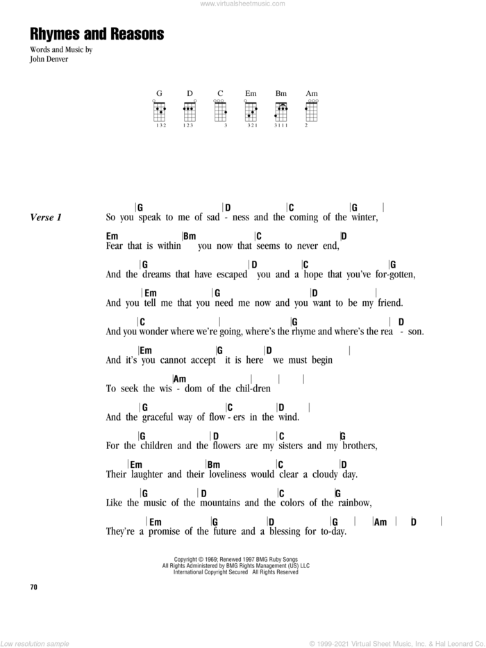 Rhymes And Reasons sheet music for ukulele (chords) by John Denver, intermediate skill level