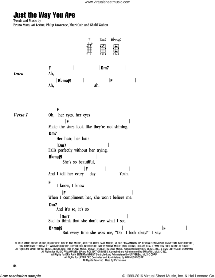 Just The Way You Are sheet music for ukulele (chords) by Bruno Mars, Ari Levine, Khalil Walton, Khari Cain and Philip Lawrence, wedding score, intermediate skill level