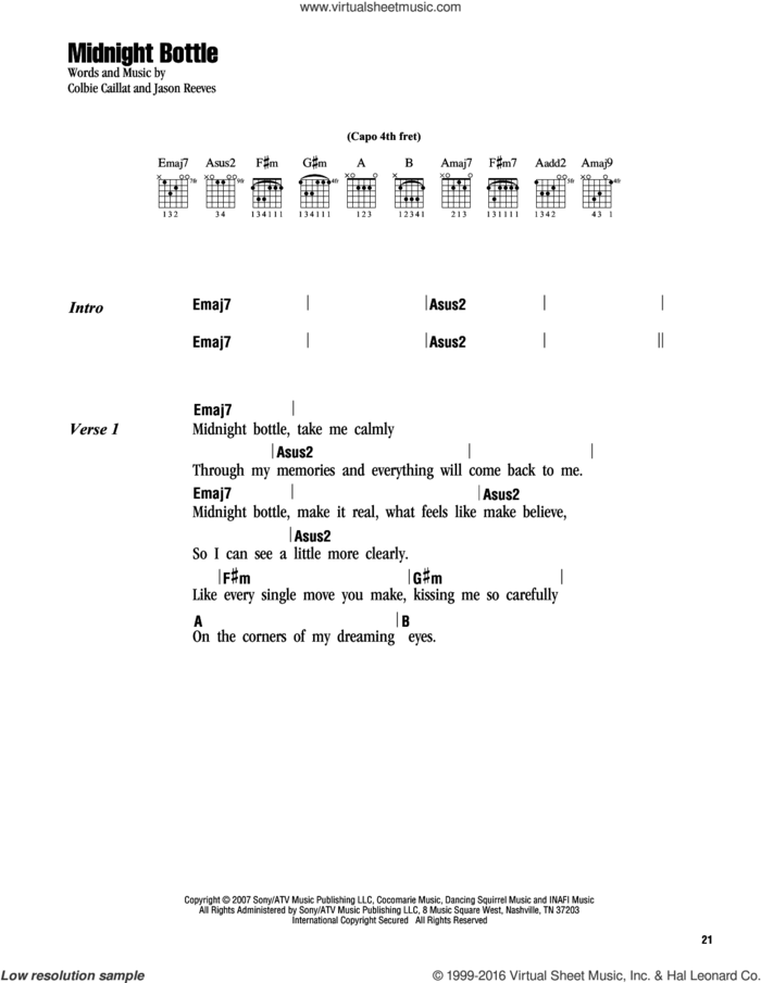 Midnight Bottle sheet music for guitar (chords) by Colbie Caillat and Jason Reeves, intermediate skill level