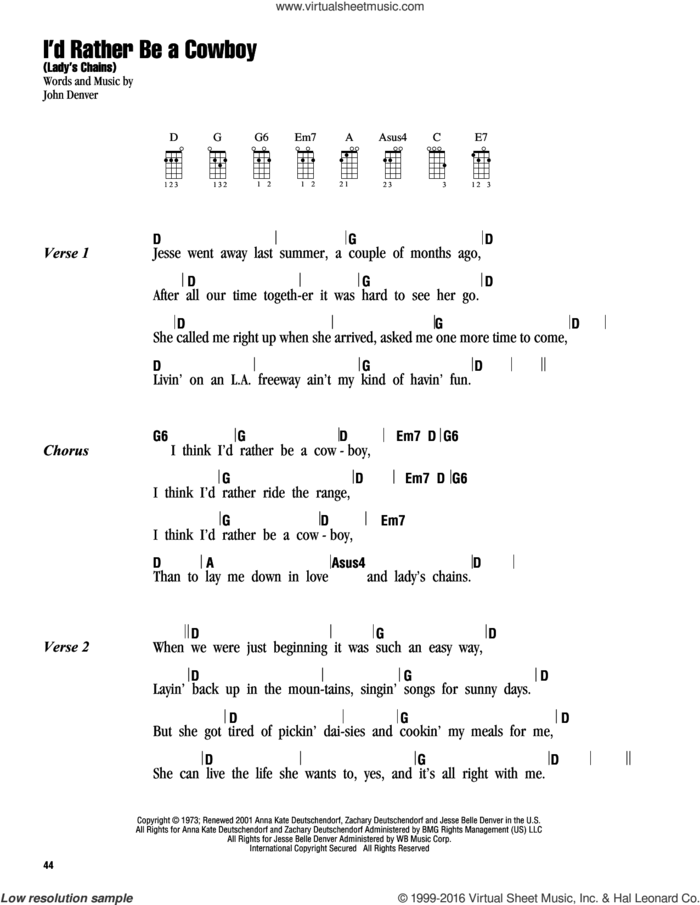 I'd Rather Be A Cowboy (Lady's Chains) sheet music for ukulele (chords) by John Denver, intermediate skill level