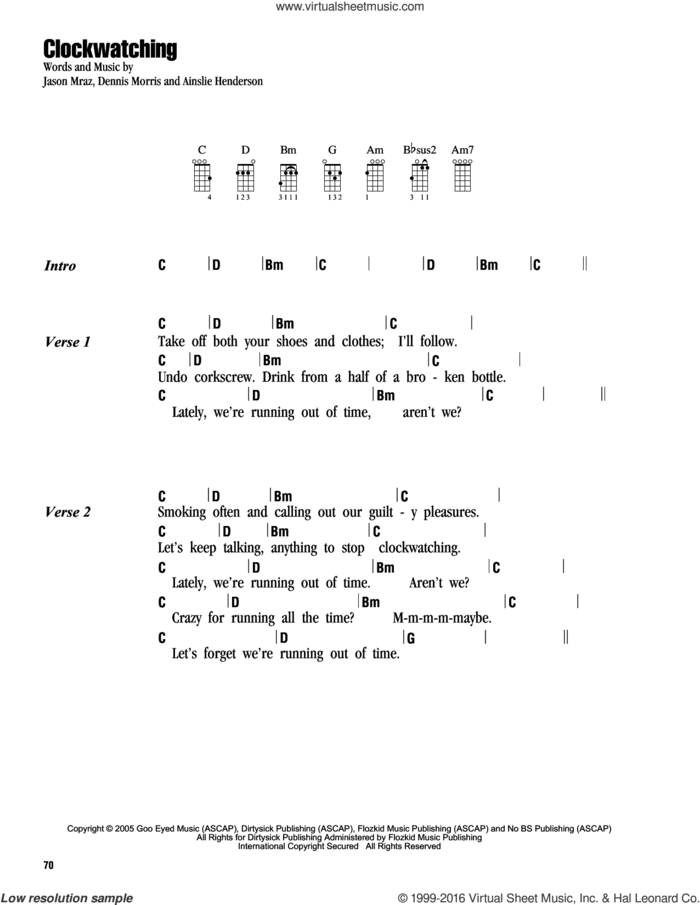 Clockwatching sheet music for ukulele (chords) by Jason Mraz, Ainslie Henderson and Dennis Morris, intermediate skill level