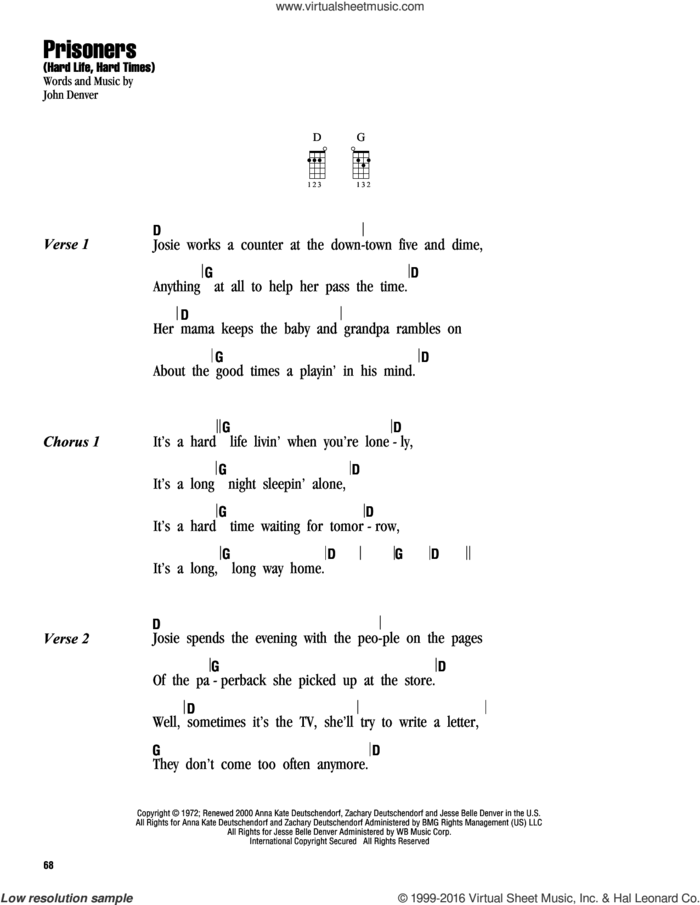 Prisoners (Hard Life, Hard Times) sheet music for ukulele (chords) by John Denver, intermediate skill level