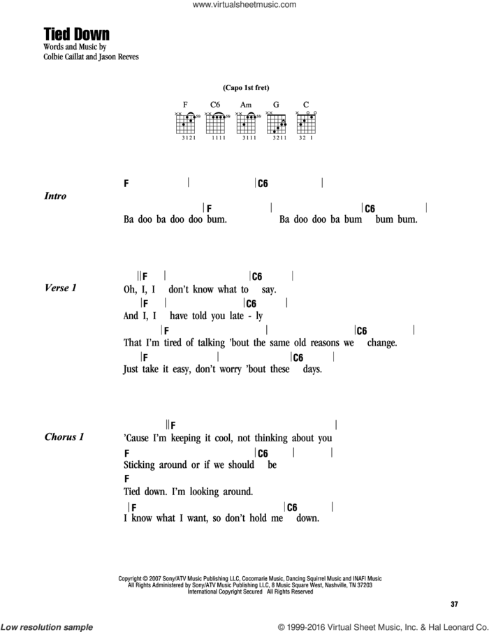 Tied Down sheet music for guitar (chords) by Colbie Caillat and Jason Reeves, intermediate skill level