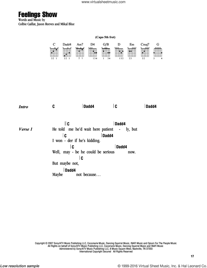 Feelings Show sheet music for guitar (chords) by Colbie Caillat, Jason Reeves and Mikal Blue, intermediate skill level