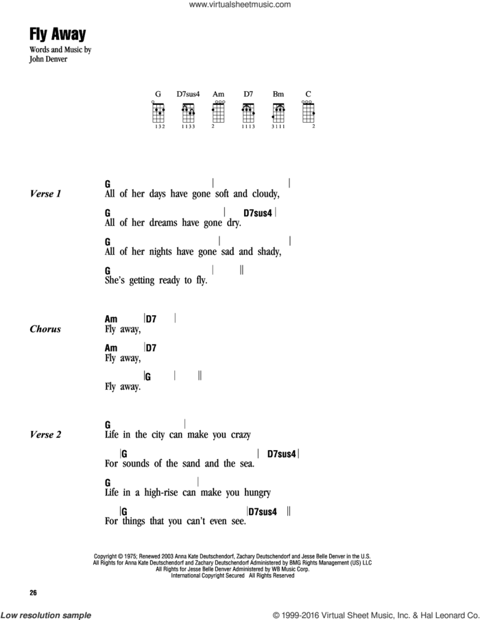 Fly Away sheet music for ukulele (chords) by John Denver, intermediate skill level