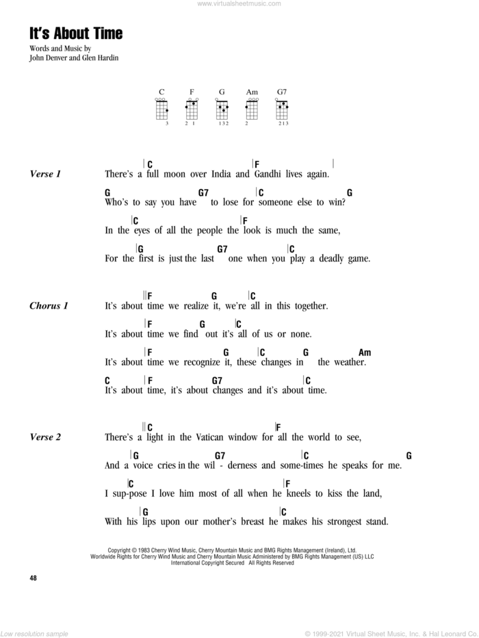 It's About Time sheet music for ukulele (chords) by John Denver and Glen Hardin, intermediate skill level