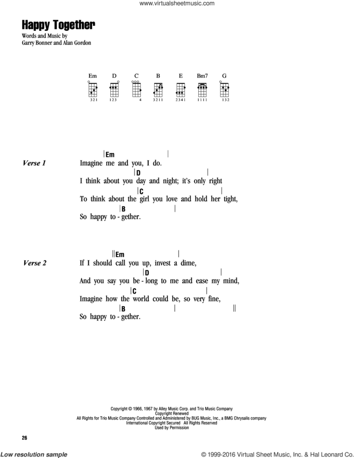 Happy Together sheet music for ukulele (chords) by The Turtles, Alan Gordon and Garry Bonner, intermediate skill level