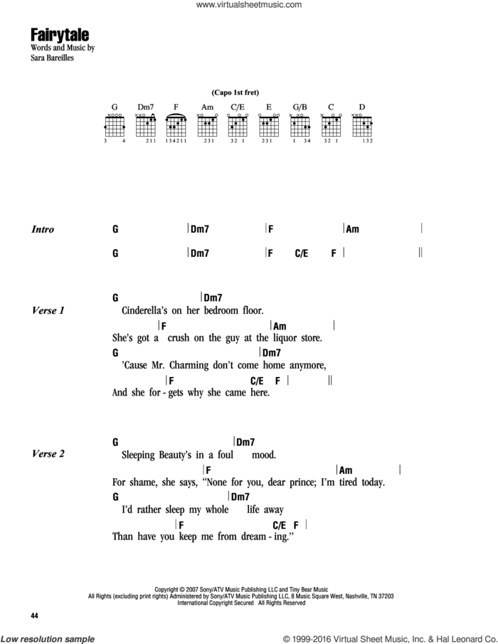 Fairytale sheet music for guitar (chords) by Sara Bareilles, intermediate skill level