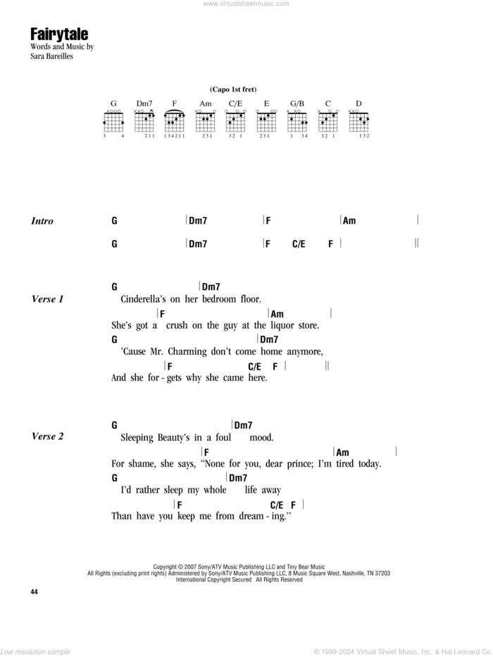 Fairytale sheet music for guitar (chords) by Sara Bareilles, intermediate skill level