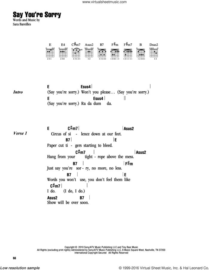 Say You're Sorry sheet music for guitar (chords) by Sara Bareilles, intermediate skill level