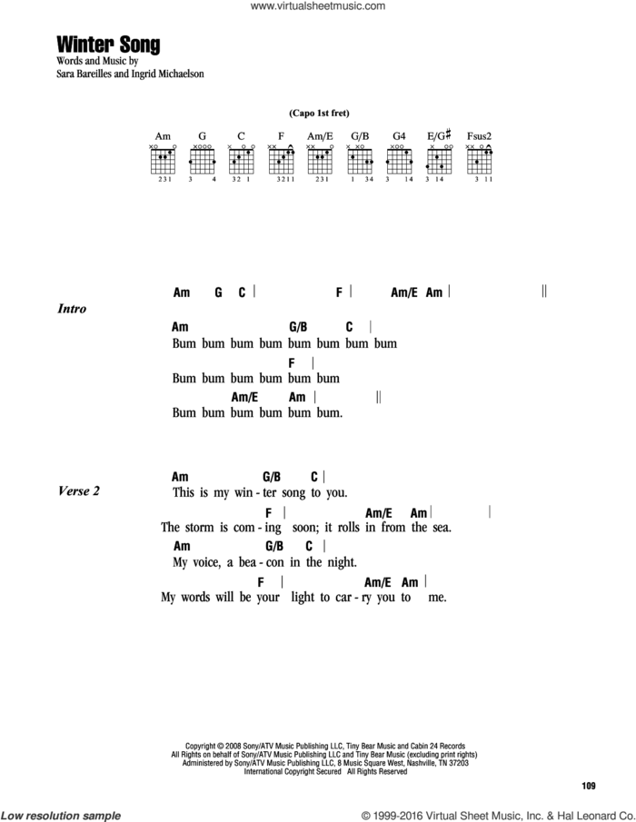 Winter Song sheet music for guitar (chords) by Sara Bareilles and Ingrid Michaelson, intermediate skill level