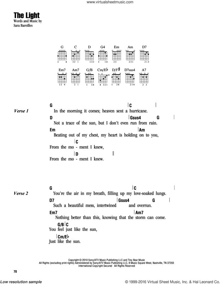 The Light sheet music for guitar (chords) by Sara Bareilles, intermediate skill level