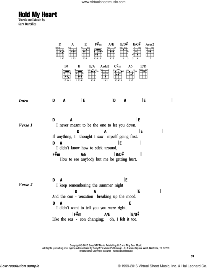 Hold My Heart sheet music for guitar (chords) by Sara Bareilles, intermediate skill level