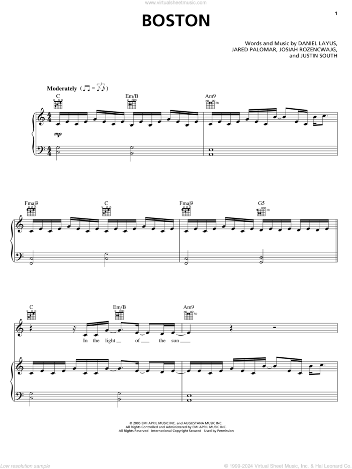 Boston sheet music for voice, piano or guitar by Augustana, Daniel Layus, Jared Palomar, Josiah Rozencwajg and Justin South, intermediate skill level