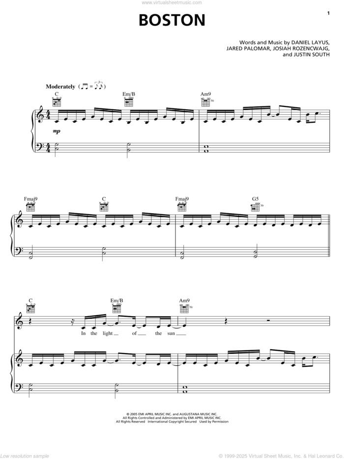 Boston sheet music for voice, piano or guitar by Augustana, Daniel Layus, Jared Palomar, Josiah Rozencwajg and Justin South, intermediate skill level