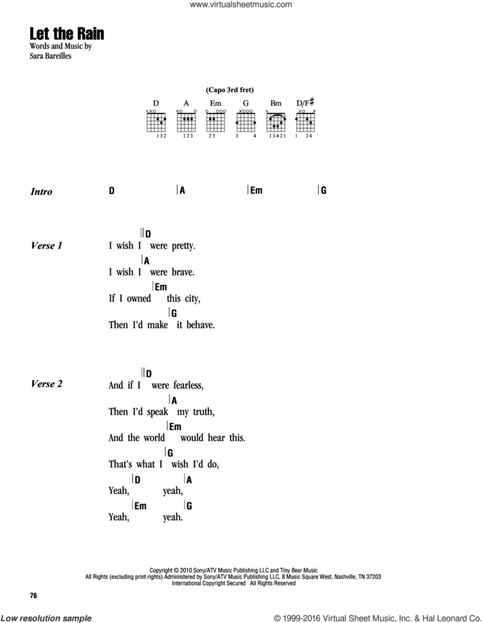 Let The Rain sheet music for guitar (chords) by Sara Bareilles, intermediate skill level