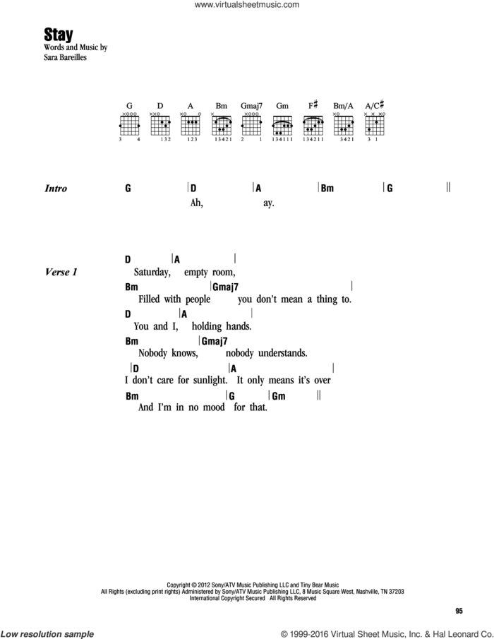 Stay sheet music for guitar (chords) by Sara Bareilles, intermediate skill level