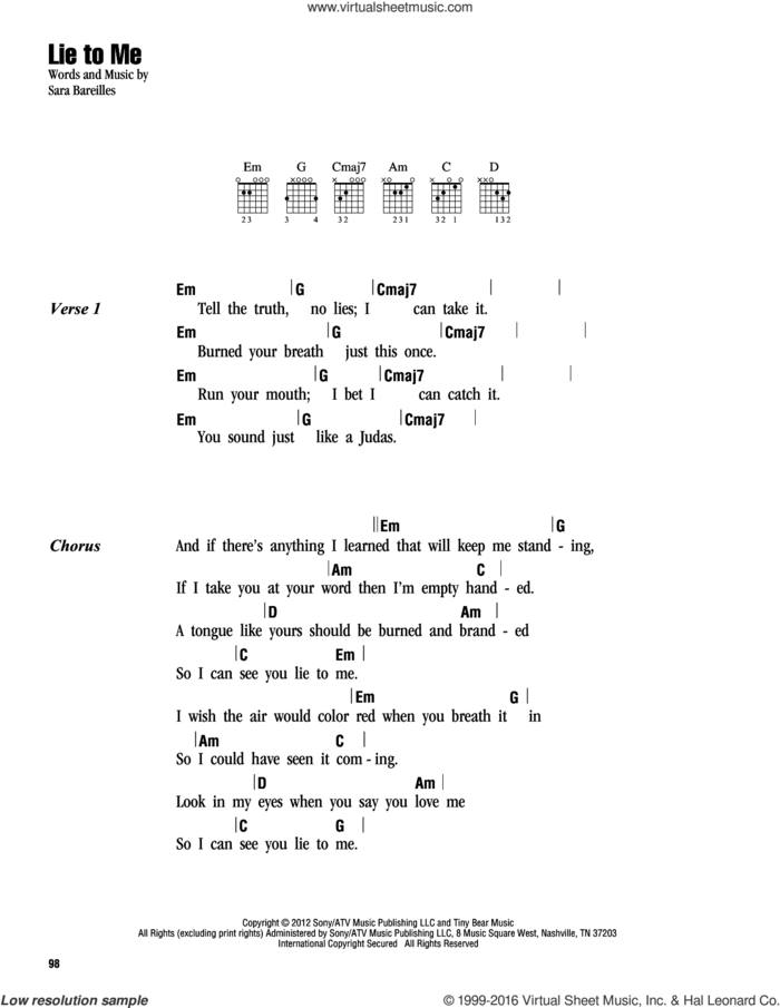 Lie To Me sheet music for guitar (chords) by Sara Bareilles, intermediate skill level