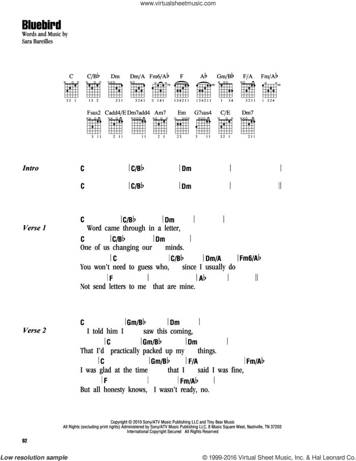 Bluebird sheet music for guitar (chords) by Sara Bareilles, intermediate skill level
